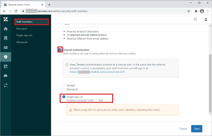 A screen capture of the Admin Centre > Security > Staff members configuration page. There are fields for External authentication, which is a checkbox that is selected, Google and Microsoft radio buttons, which aren’t clicked, and a Single sign-on radio button which is clicked. At the bottom of the page is the Cancel and Save buttons.