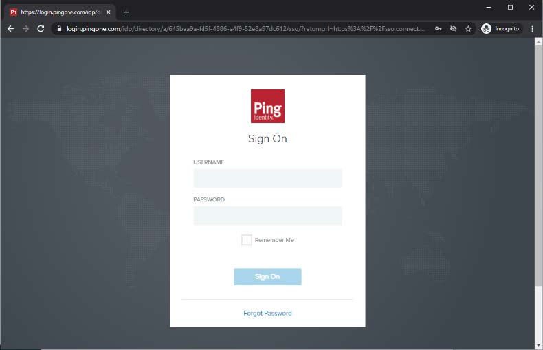 The PingOne Sign On page. There are fields for Username and Password fields. There is a Remember Me checkbox, which is cleared, the Sign On button, and the Forgot Password link.