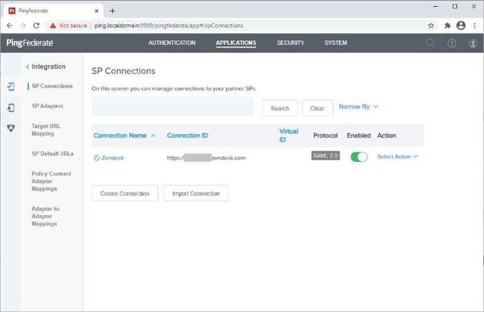 The PingFederate administrative console on the Applications > Integration > SP Connections page. The SP Connections page includes a successfully created and enabled Zendesk SP connection. A search bar with Search and Clear buttons, and a Narrow By filter. Below this is a list of the existing SP connections. The resuls are listed by Connection Name, Connection ID, Virtual ID, Protocol, Enabled which is a toggle switch set to the on position, and Action. There are Create Connection and Import Connection buttons.