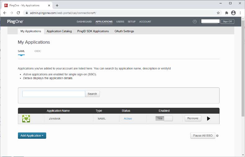 A screen capture of the PingOne My Applications page with the SAML tab open. The introduction sentence is Applications you’ve added to your account are listed here. You can search by application name, description or entity ID. A bulleted list of 2 items follows, Active applications are enabled for single sign-on (SSO) and Details displays the application details. There is a search bar and button. The results show all the matching results for a ZenDesk search. The results are listed by icon, Application Name, Type, Status, Enabled toggle switch, Remove button, and the setup button, which is a black triangle turned to the right. At the bottom of the section, on the left side is the Add Application button, and on the right side is the Pause All SSO button.