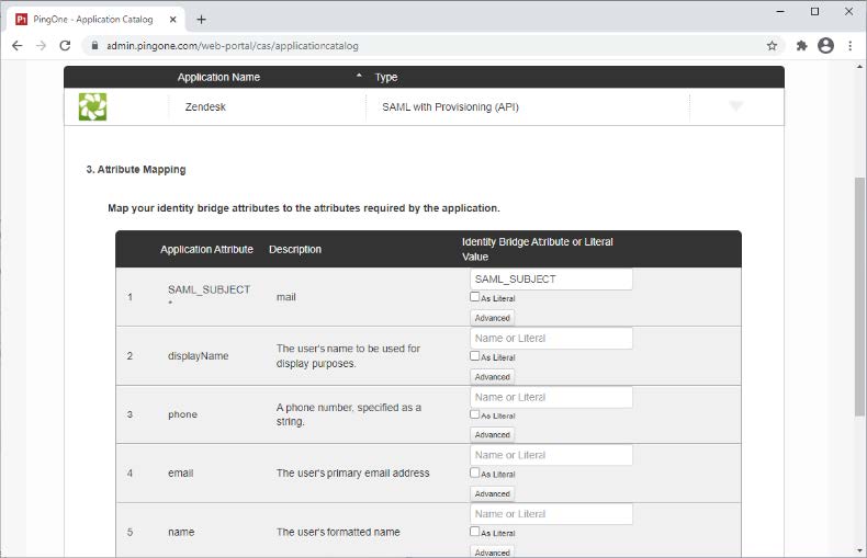 A screen capture of the 3. Attribute Mapping section. The sentence introduction is Map your identity bridge to the attributes required by the application. The are fields for Application Attribute, Description, and Identity Bridge Attribute or Literal Value. All the fields have default entries for Application Attribute and Description. The Identity Bridge Attribute or Literal Value field requires an entry from the user and has a cleared As Literal check box and Advanced button in all rows.