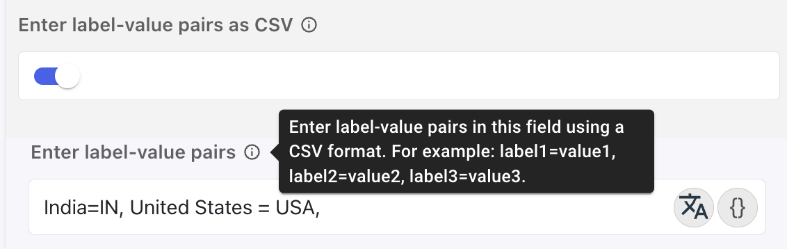 The Enter label-value pairs as CSV field populated with examples of label-value pairs, separated by commas.
