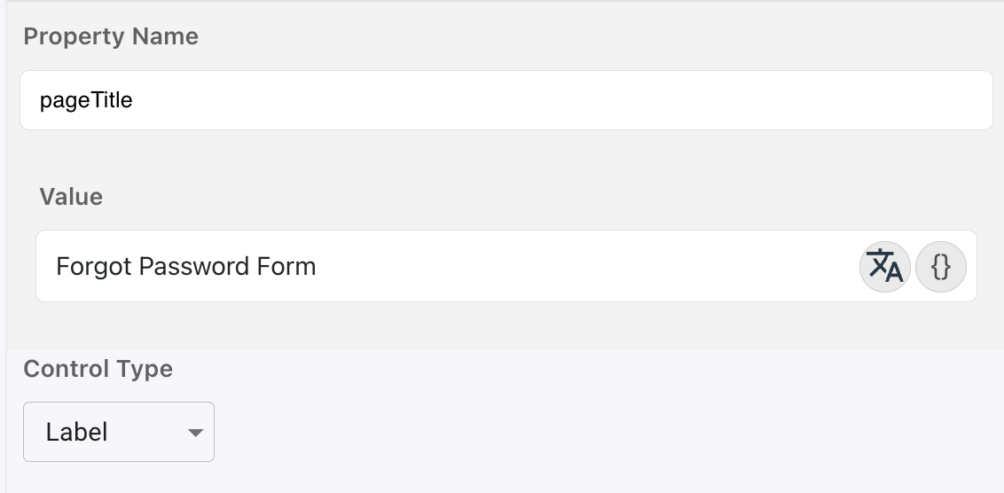 The value field with the label content reading Forgot Password Form.