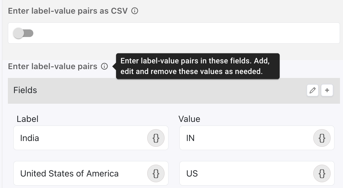 The Enter label-value pairs field with the label and value fields populated.