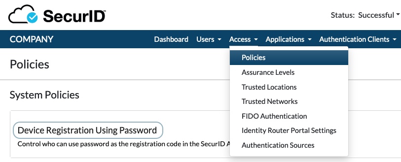 A screen shot of the Policies page in SecurID.