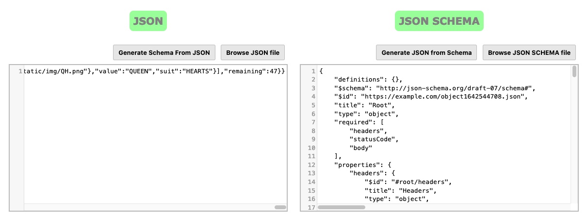 A screen capture that shows the JSON Schema Validator and Generator tool after generating the JSON schema.