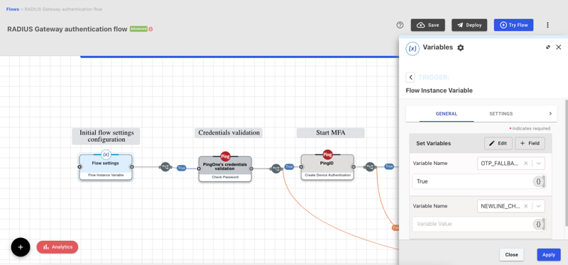 RADIUS gateway authentication flow showing the flow settings node