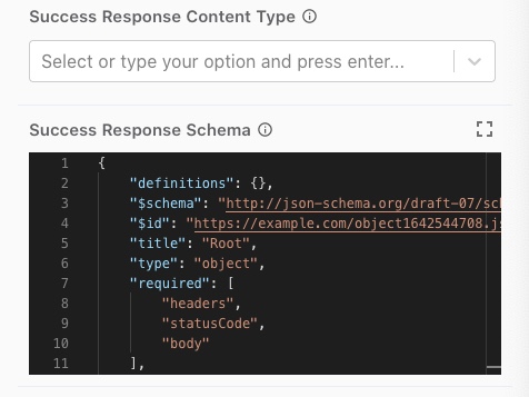 A screen capture that shows the Success Response Schema with the JSON schema added.