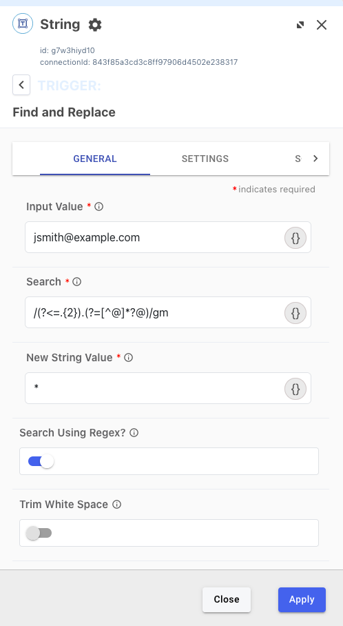 A screen capture showing the Find and Replace capability with the example expression in the Search field.