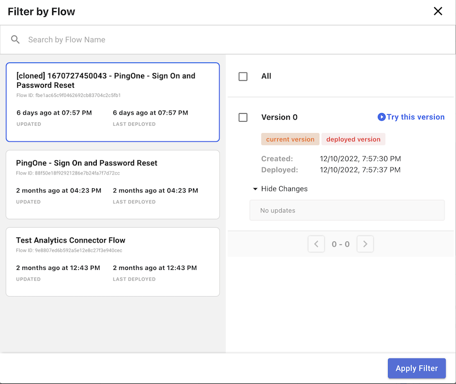 Screen capture of the DaVinci Filter by Flow window showing specific flows listed on the left with information on the selected flow on the right.