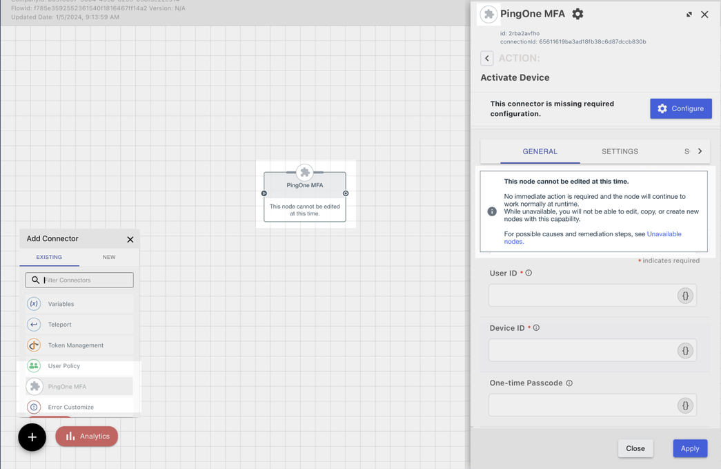 A screen capture showing the flow canvas with an unavailable capability. The node displays a message that the node cannot be edited, the Add Connector menu displays the connector in grey, and the node details display a message indicating that the node cannot be edited.