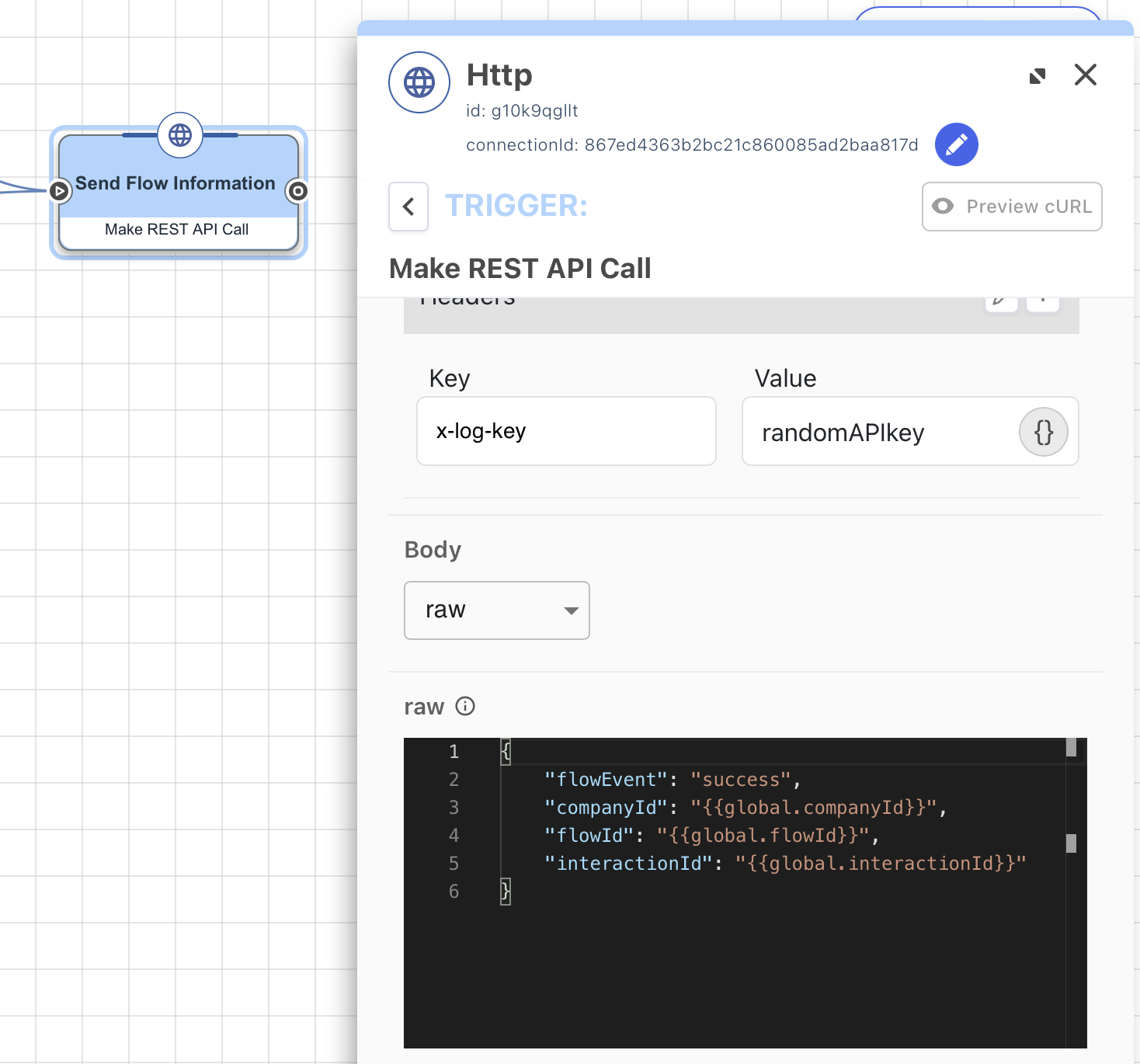 A screen capture showing an HTTP connector configured to send data to an external analytics tool.