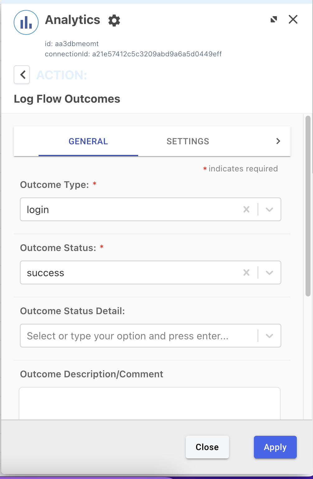 A screen capture showing the configuration for a flow analytics connector.