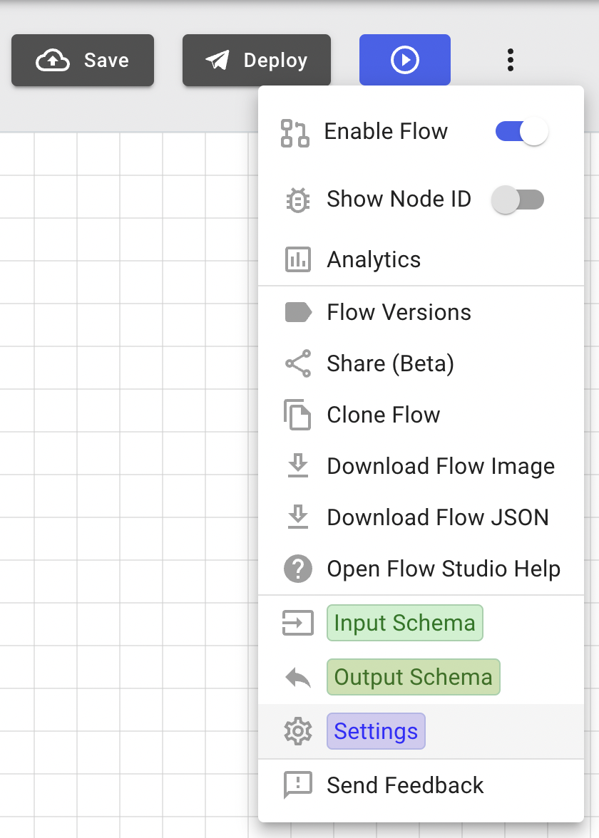 A screen capture showing the Flow Settings option for a flow.