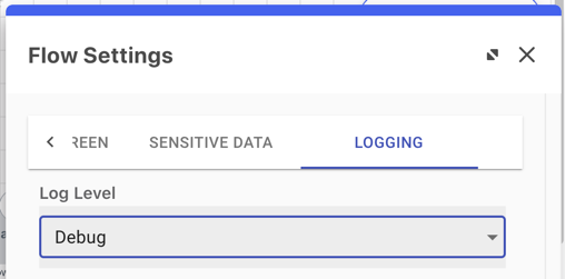 A screen capture of the Logging tab of the Flow Settings section. In the Log Level list, Debug is selected.