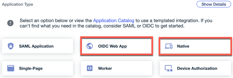 A screen capture of the OIDC Web App Application Type options. The OIDC Web App and Native Application Types options are indicated with a red border.