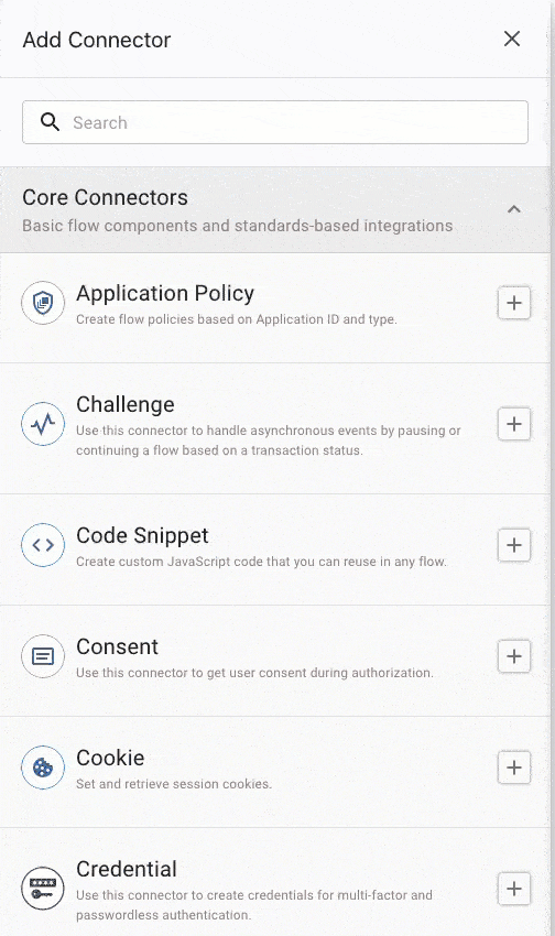 A screen capture showing the Core Connectors, Ping Identity Connectors, and Service Connectors sections of the add connector experience.