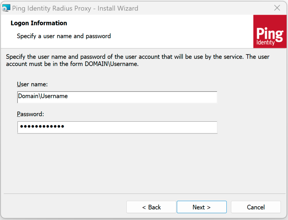 Radius proxy application login information screen