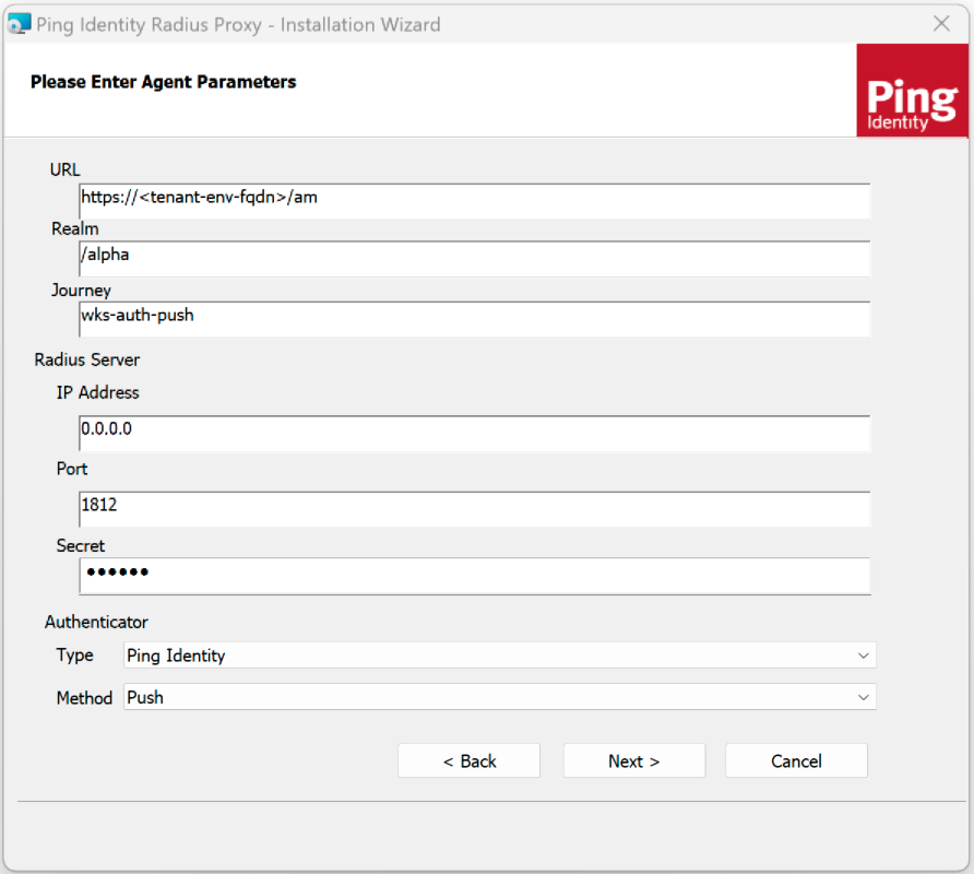 Radius proxy application agent parameters screen