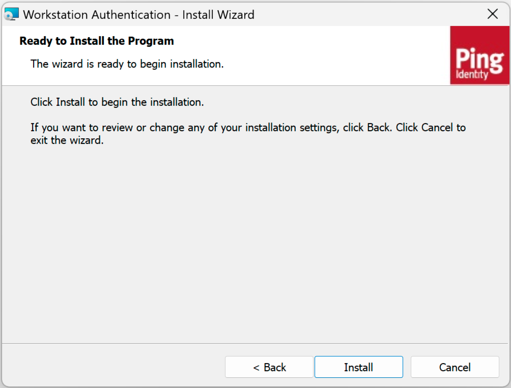 Install MSI package to workstation install wizard. Install screen.
