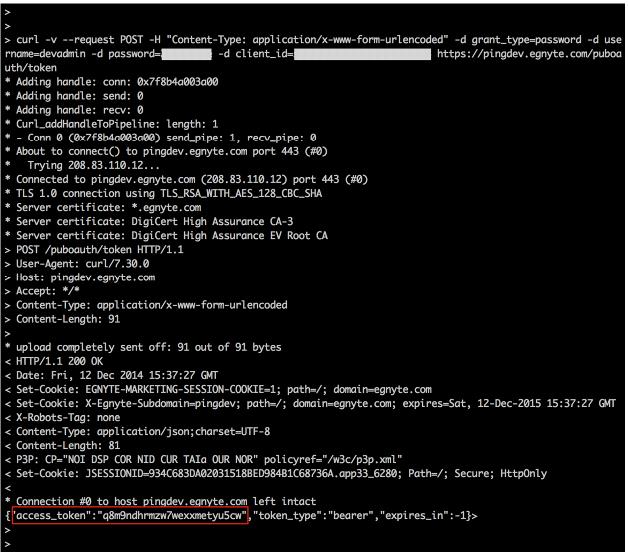 An image of the cURL command and expected access token results.