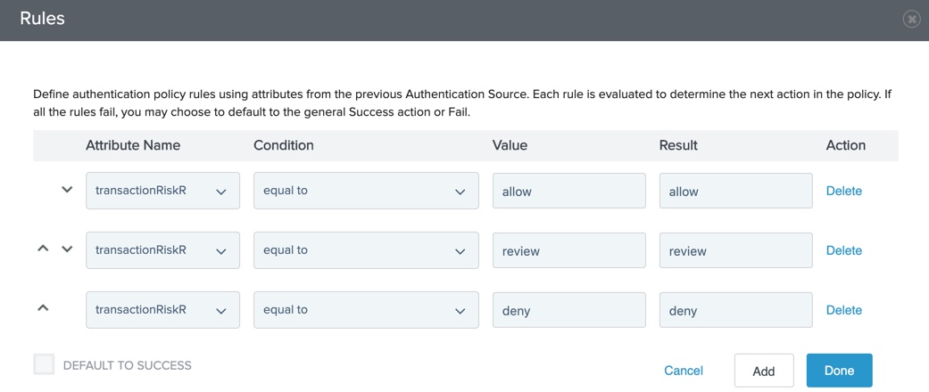 Screen capture of the Rules section that shows three policy paths with transactionRiskResults as the Attribute Name.