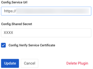 Screen capture illustrating the Config.Service URL and Config.Shared Secret fields in Kong Manager. The Config.Verify Service Certificate is enabled.