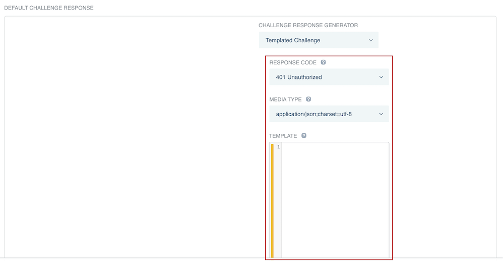 Screen capture highlighting the Response Code, Media Type, and Template fields, which appear when you select a Templated Challenge response generator.