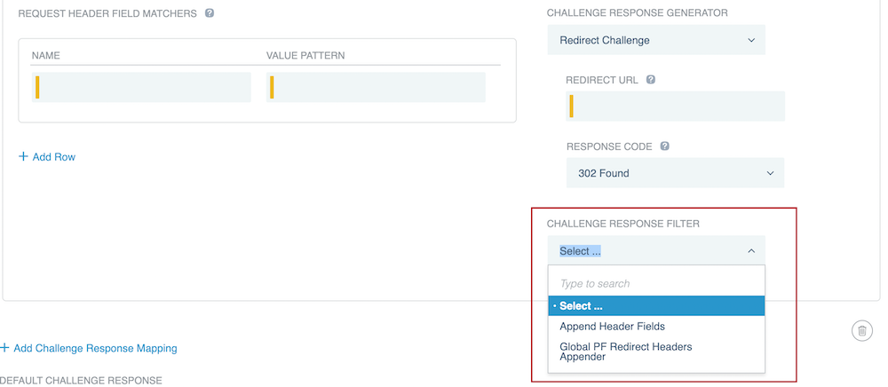 Screen capture highlighting the Challenge Response Filter field, which appears at the bottom of the section for any challenge response you select.