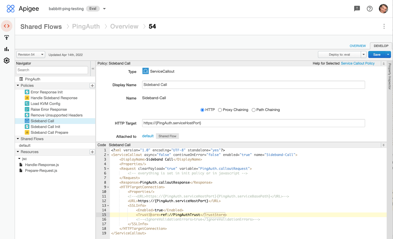 Screen capture of the policy editor panel. The uncommented TrustStore element is highlighted.