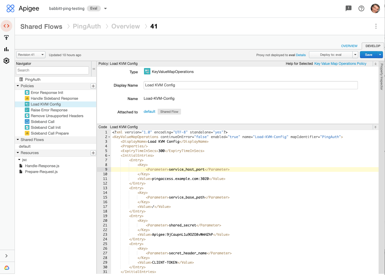 This screen capture shows a completed Apigee X configuration. The service_host_port parameter is highlighted.