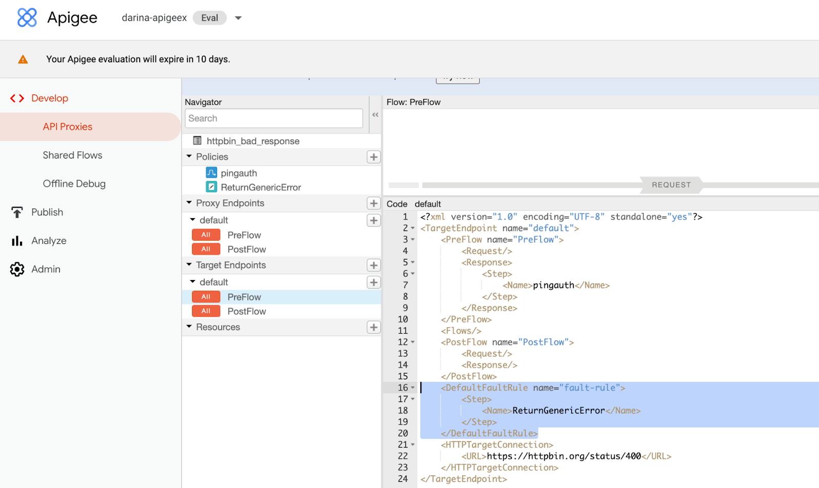 A screen capture showing the default fault rule with the new policy added as a step.