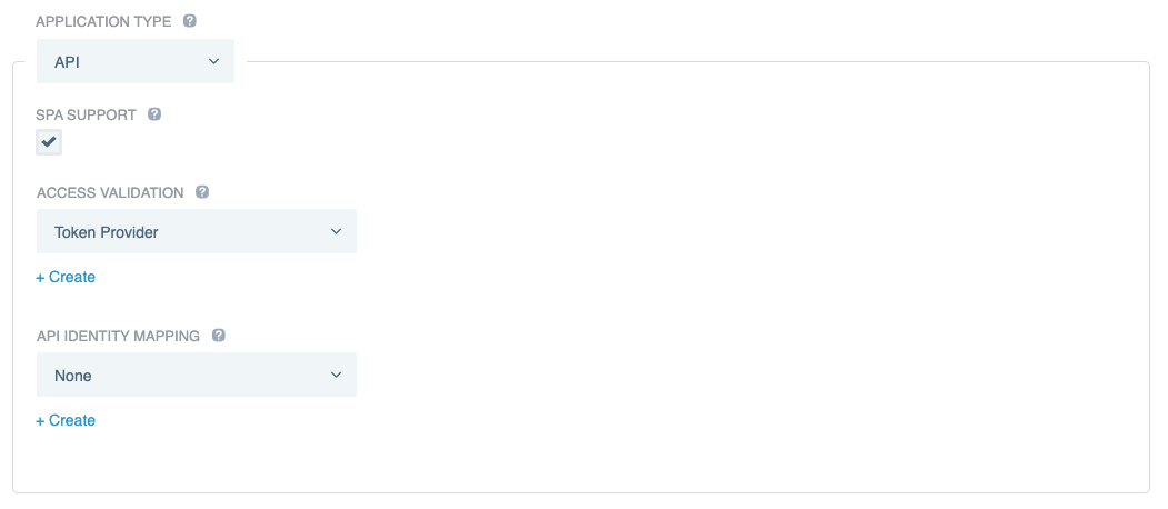 A screen capture showing the Application Type field with API selected. Token Provider is selected in the Access Validation field.