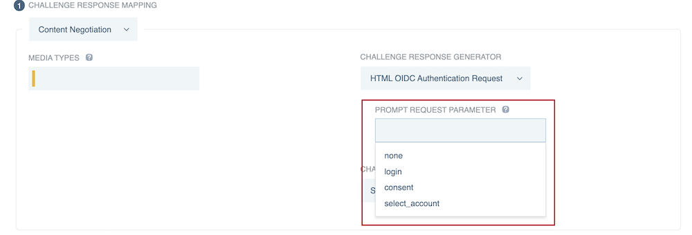 Screen capture of HTML OIDC Authentication Request selected as the Challenge Response Generator. The image shows the Prompt Request Parameter options.