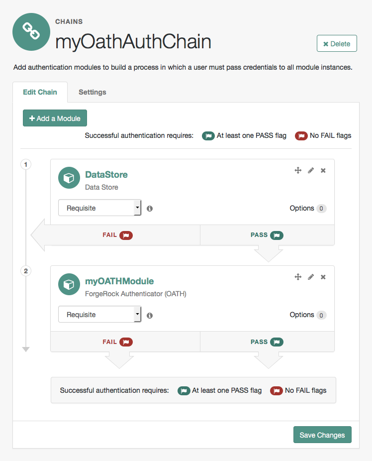 An authentication chain setup for OATH authentication.