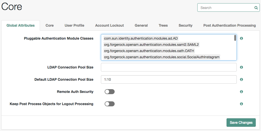 The core authentication attributes page is divided into seven tabs.