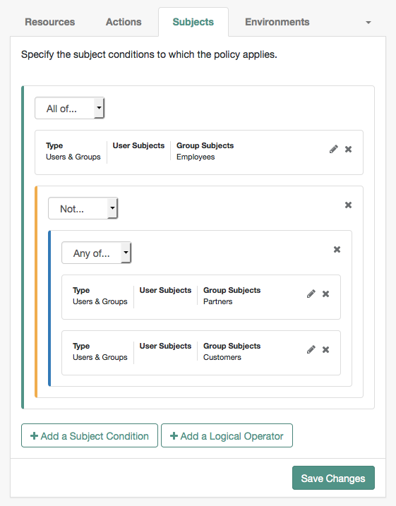 Creating subject conditions in the policy editor.