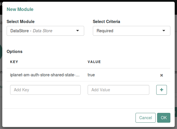 Configuring the first module in an authentication chain in a shared credentials configuration.