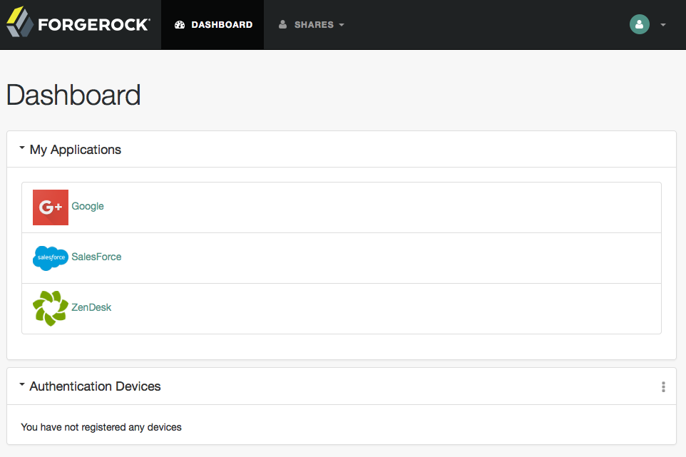 The user dashboard lets users quickly access their applications.