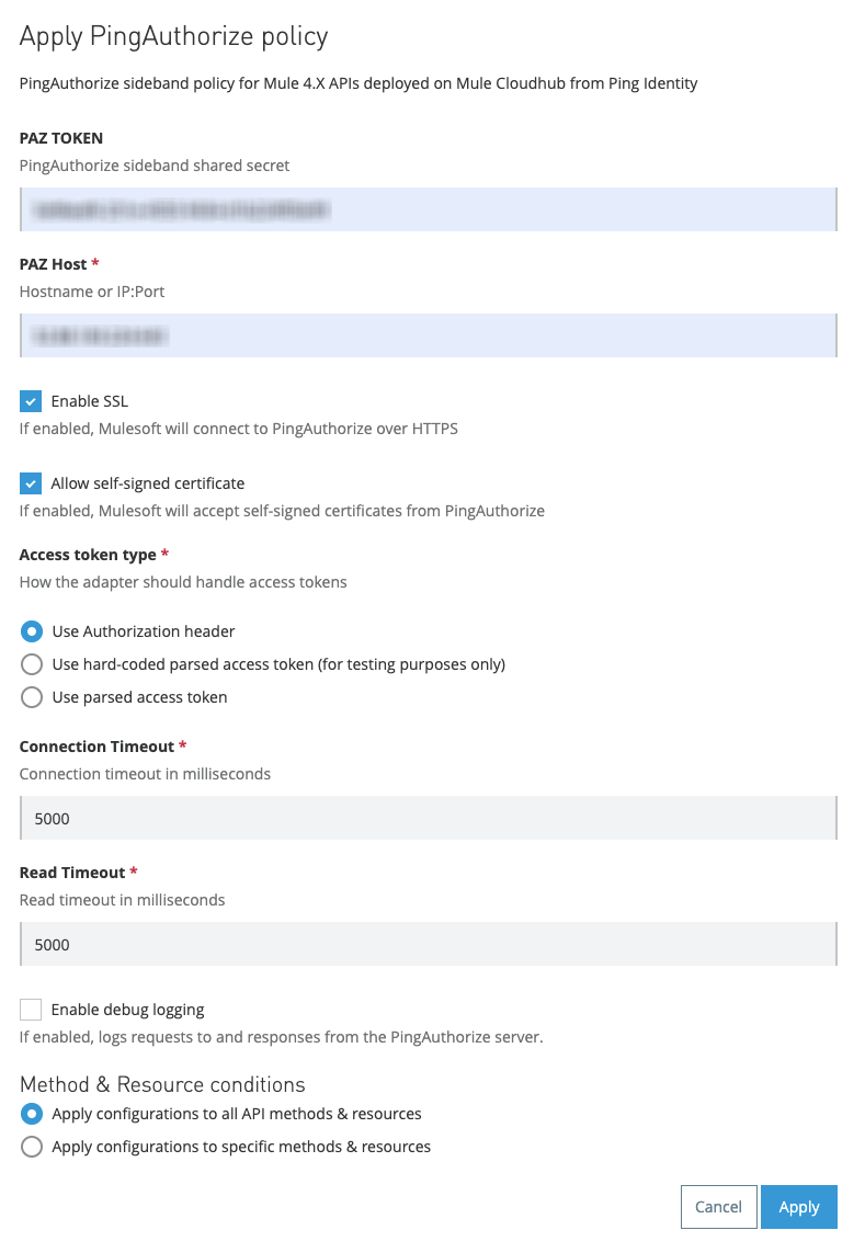 Screen capture of the Apply PingAuthorize policy page with fields completed as directed in steps 6a-h and in the Apply button in the lower right