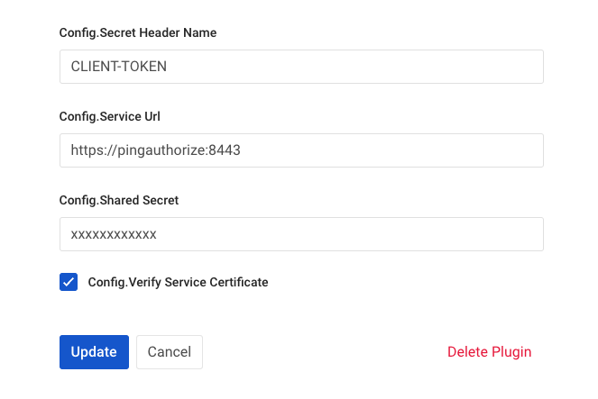 Screen capture of the Config.Shared Secret and Config.Service Url configuration for the ping-auth plugin in Kong Manger