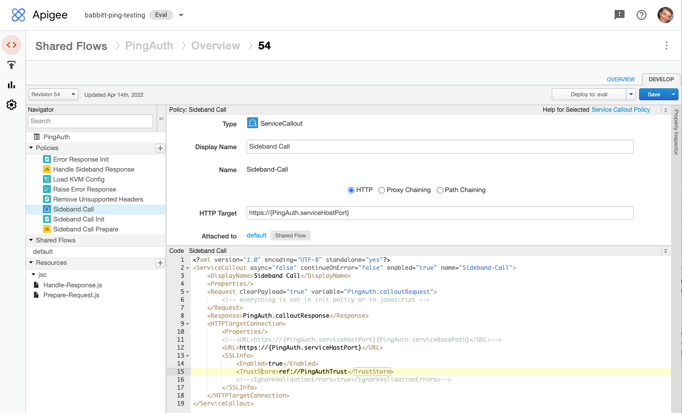 Screen capture of the Apigee Sideband Call policy with the PingAuthTrust keystore trust enabled