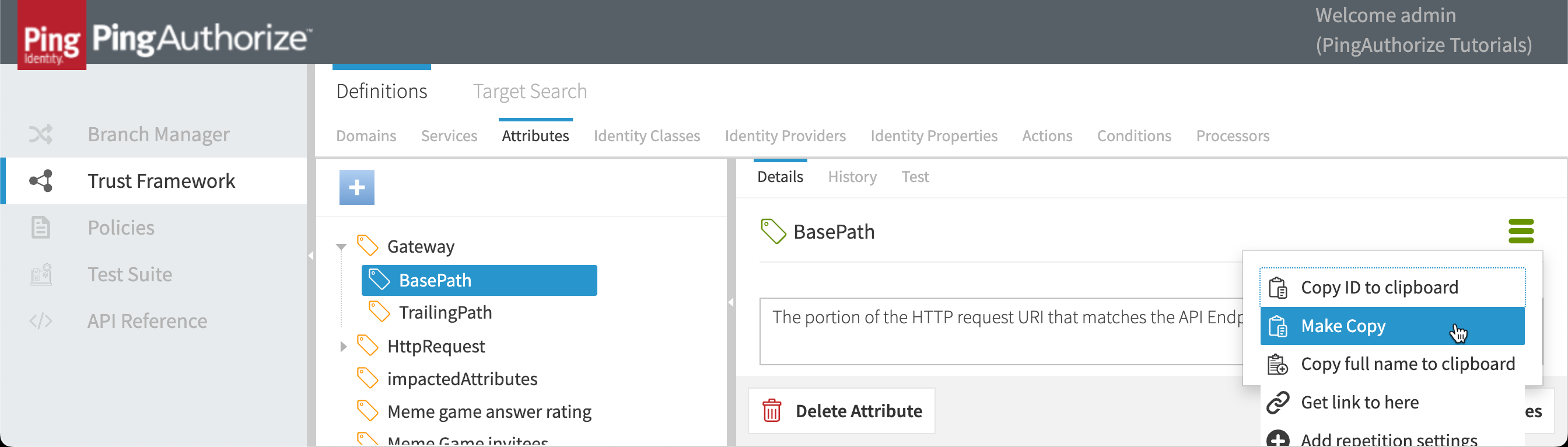 Screen capture of using Make Copy to copy an attribute in the Trust Framework.