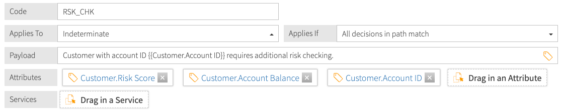 Screen capture of a statement checking the risk for a specific customer and returning multiple attribute key-value pairs