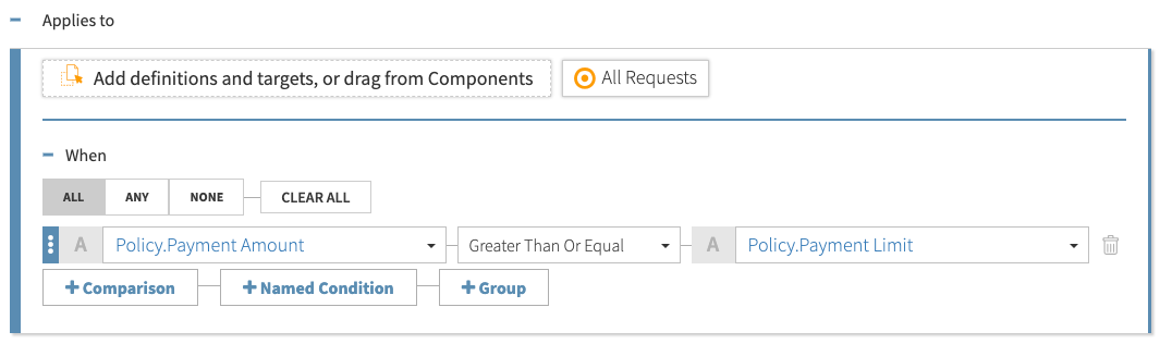 Screen capture showing a condition comparing a Payment Amount attribute to a Payment Limit attribute using the Greater Than Or Equal comparator.