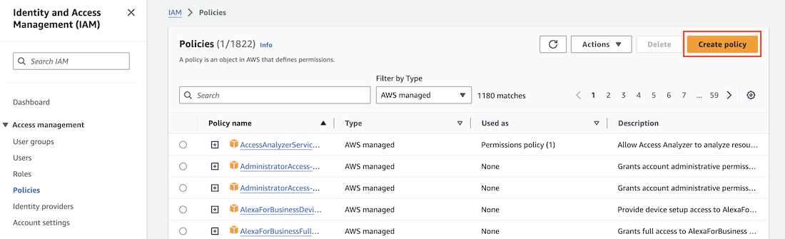 Screen capture of the Policies page with the Create policy button in the IAM dashboard of AWS Management Console