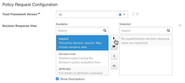 Screen capture of the Decision Response View configuration in the administrative console with the request view highlighted.
