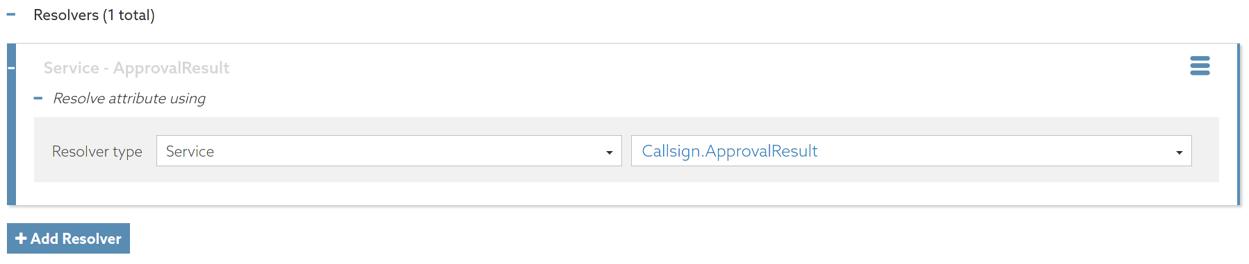 Screen capture of the Resolvers section for an example service called ApprovalResult