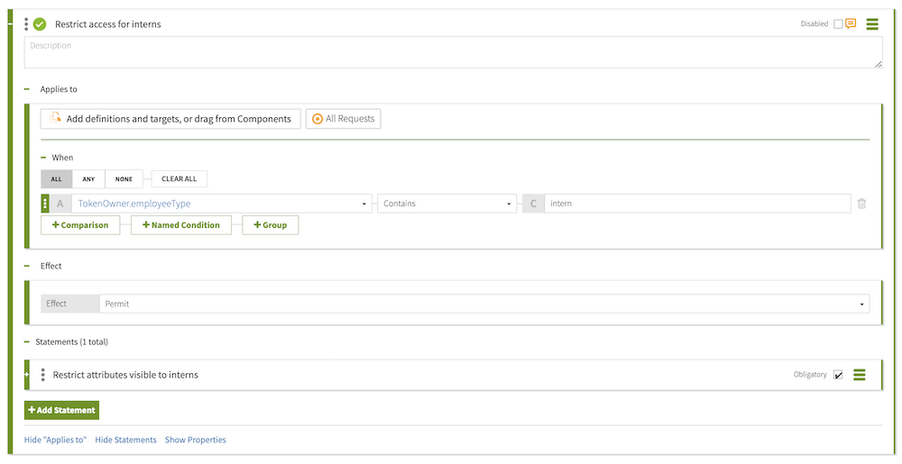 A screen capture of the Restrict Intern Access policy window with the Combining Algorithm and one rule with a statement, both configured as specified