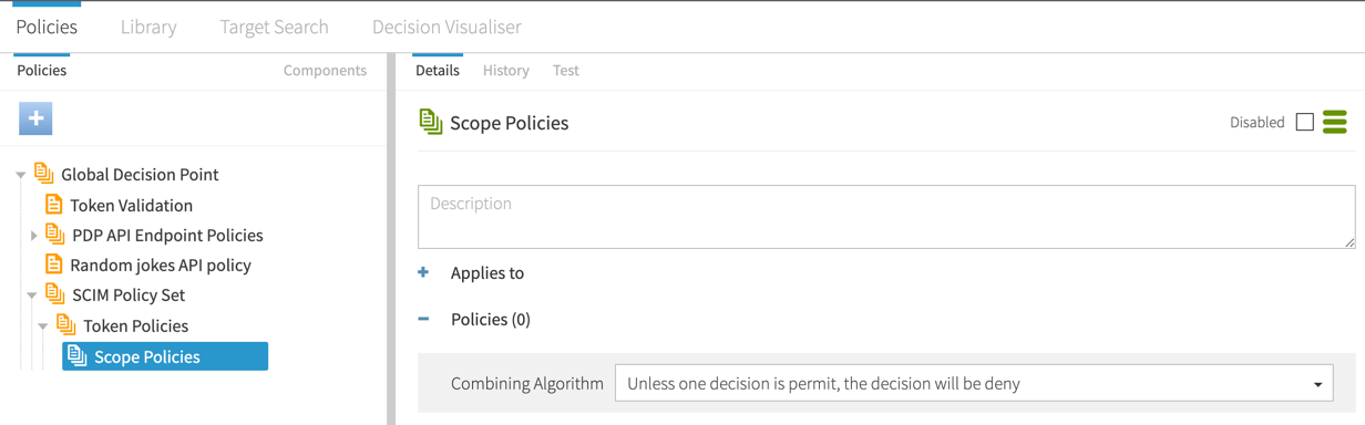 Screen capture of the Scope Policies policy set with the Combining Algorithm configured as specified